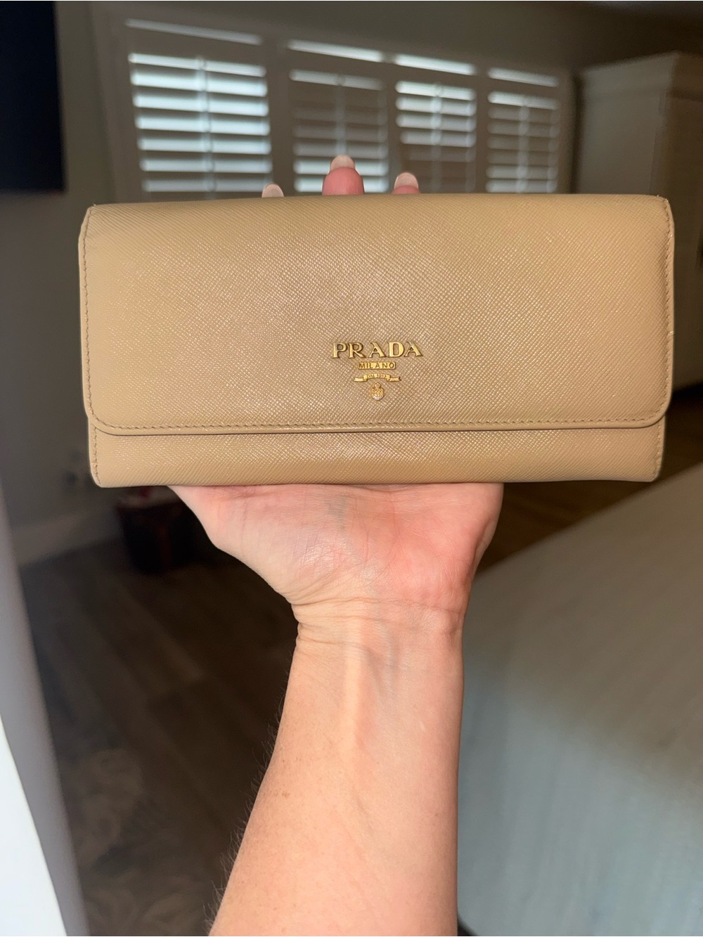 Prada Beige Saffiano Leather Continental Wallet with Gold Logo